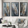 thumbnail image 1 of Designart "Feather Wanderlust Gold III" Glam Feather Framed Wall Art Set Of 3 - Gold Glam Feather Frame Gallery Set For Office Decor, 1 of 7