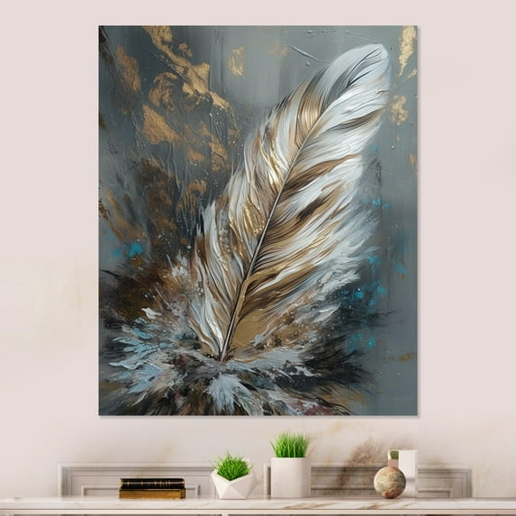 Designart "Feather Wanderlust Gold III" Glam Feather Metal Wall Art Prints