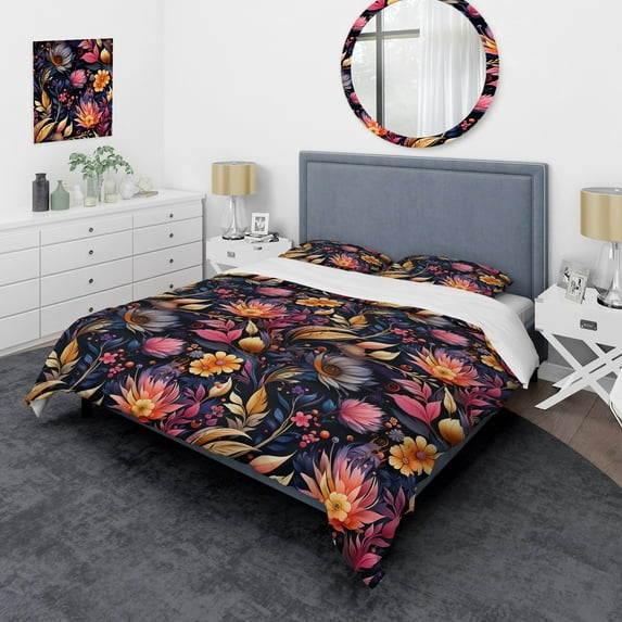 Designart "Feathered Boho Pink Blue Blend" Floral Bedding Covert Set - Cottage Bed Set With 2 Shams
