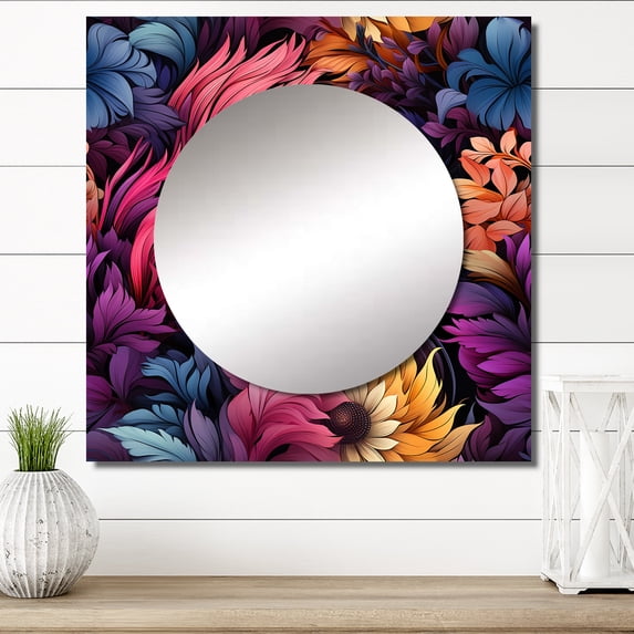 Designart "Feathered Boho Pink Blue Blend I" Floral Square Mirror For Wall Decor - Large Pink Square Mirror Printed Wall Decor - Cottage Square Living Room Mirror