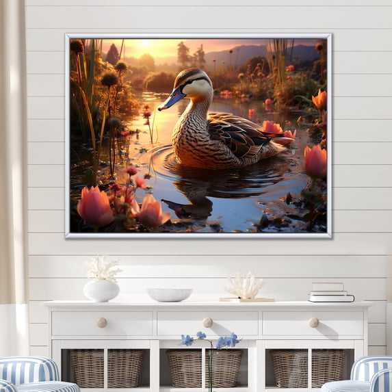 Designart "Feathered Floral Elegance of Brown Duck" Animals Framed Wall Art - Modern Farmhouse Brown Duck Entryway Framed Wall Art Print
