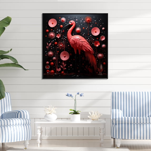 Designart "Feathered Ping Pong Fiasco" Animals Framed Wall Art - Traditional Pink Flamingo Living Room Framed Canvas Art