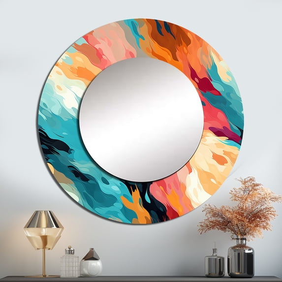 Designart "Feathered Spectrum" Abstract Round Mirror Wall Decor Modern - Large Multicolor Round Bathroom Mirror - Round Mirror - 29" x 29"