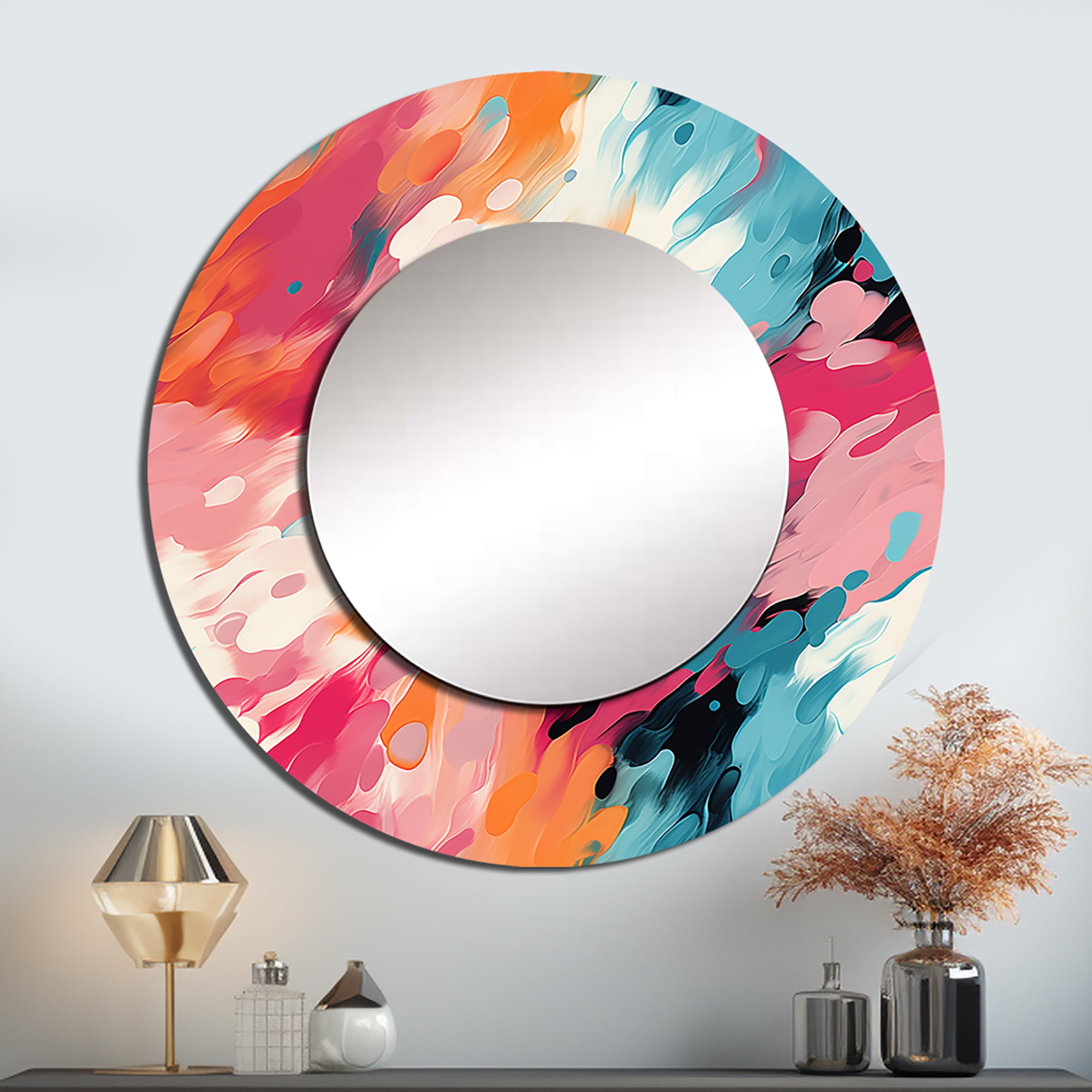 Designart "Feathered Spectrum II" Abstract Multicolor Large Round ...