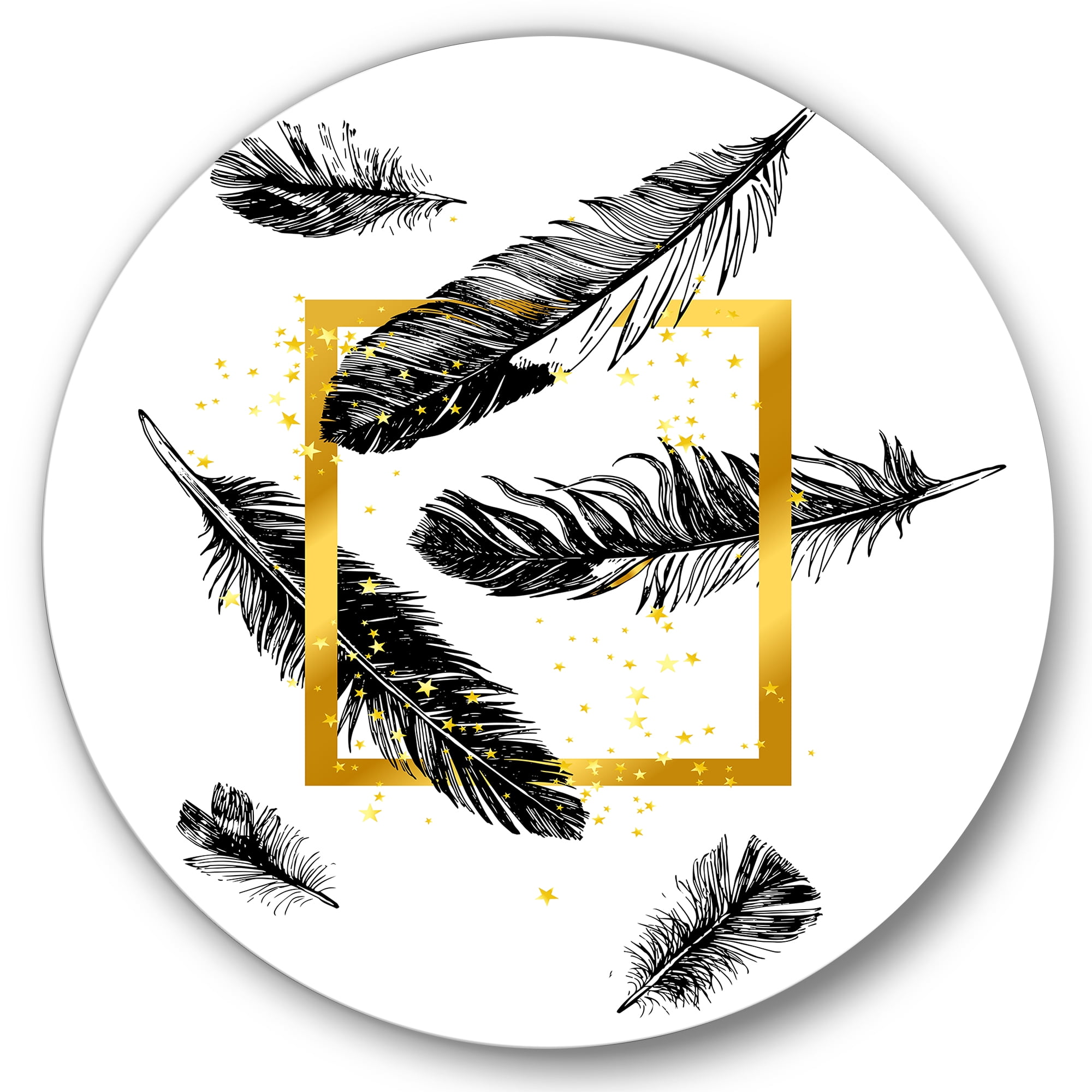 Designart 'Feathers and Golden Frame' Bohemian & Eclectic Circle Metal Wall Art 29x29 - Disc of 29