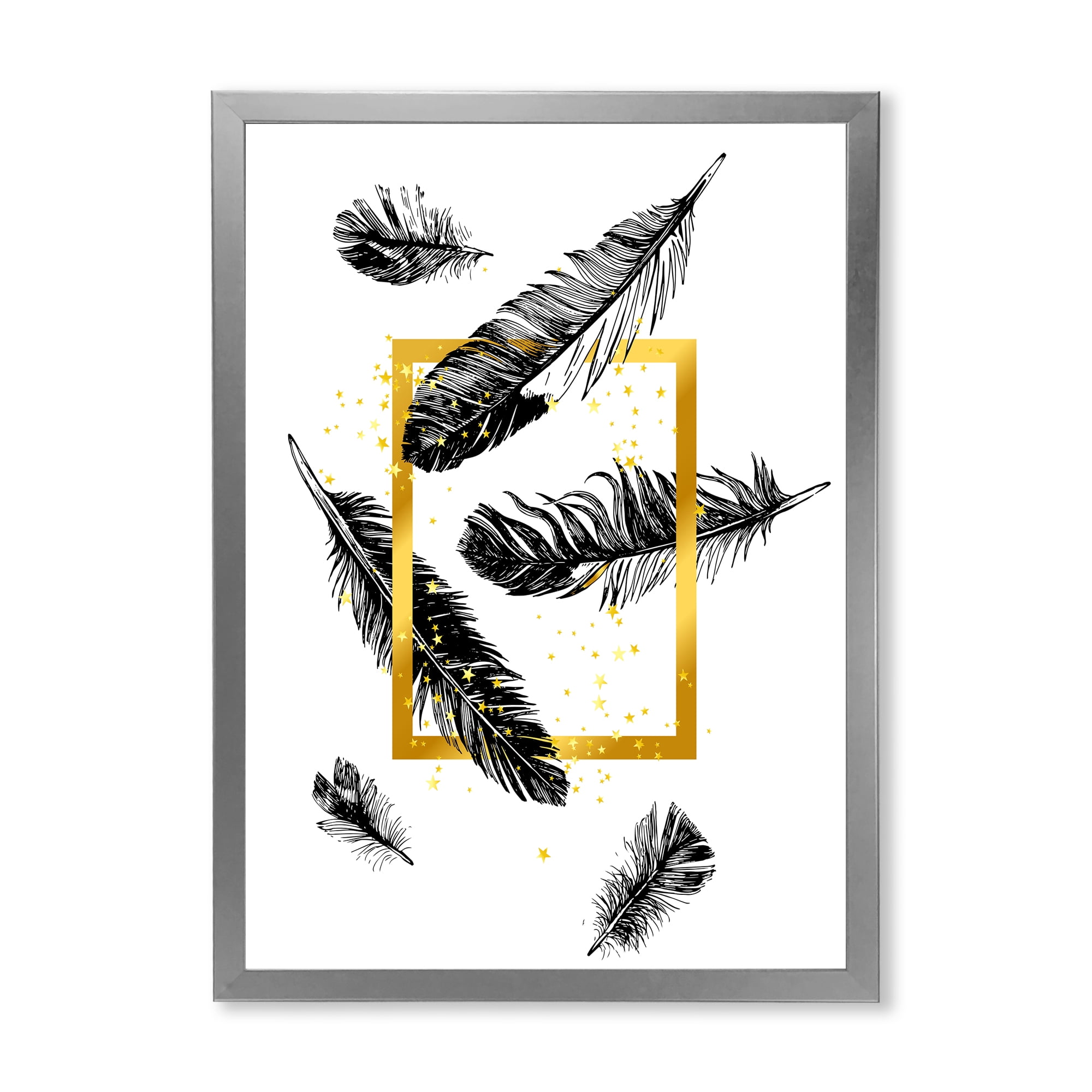 Designart 'Feathers and Golden Frame' Bohemian & Eclectic Framed Art Print