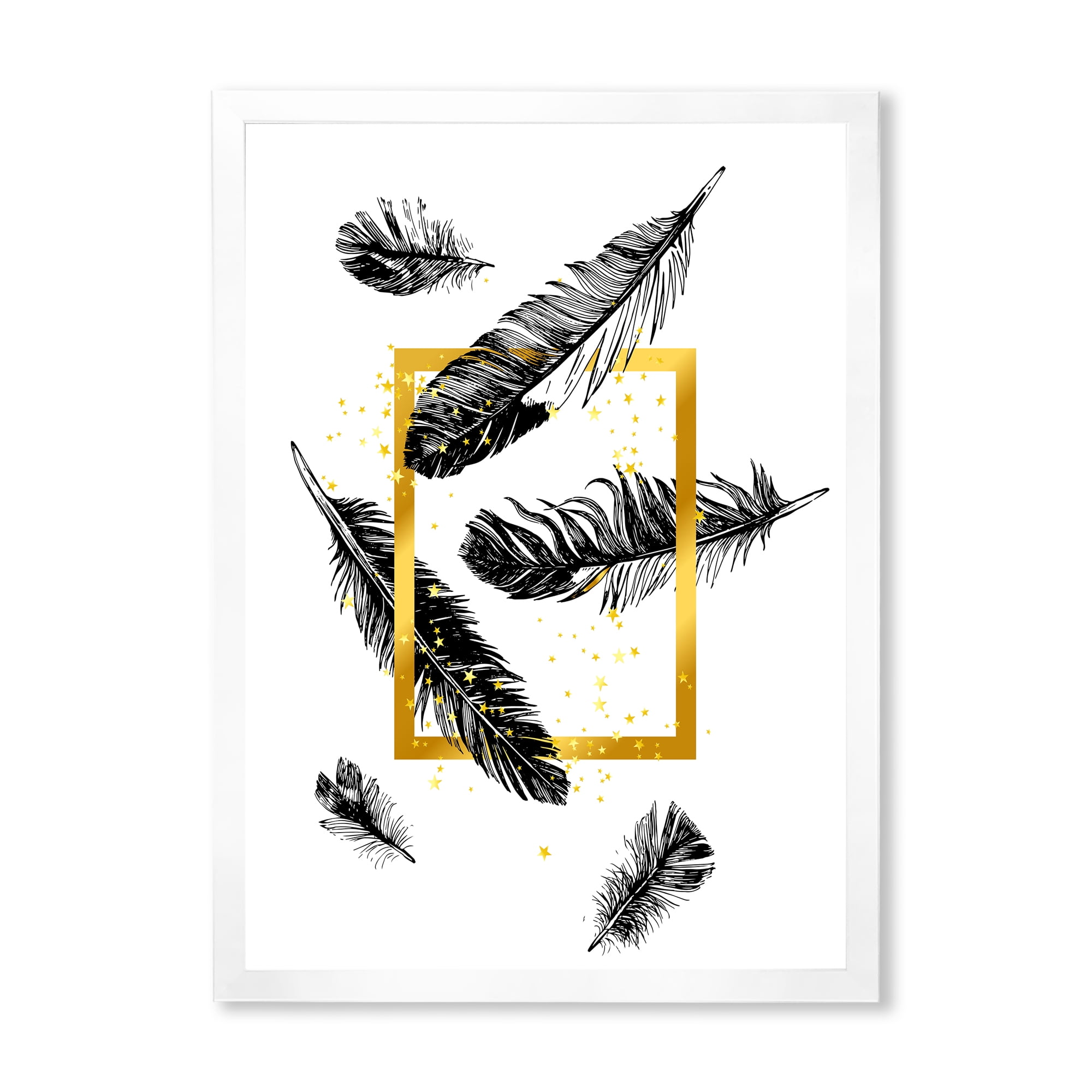 Designart 'Feathers and Golden Frame' Bohemian & Eclectic Framed Art Print