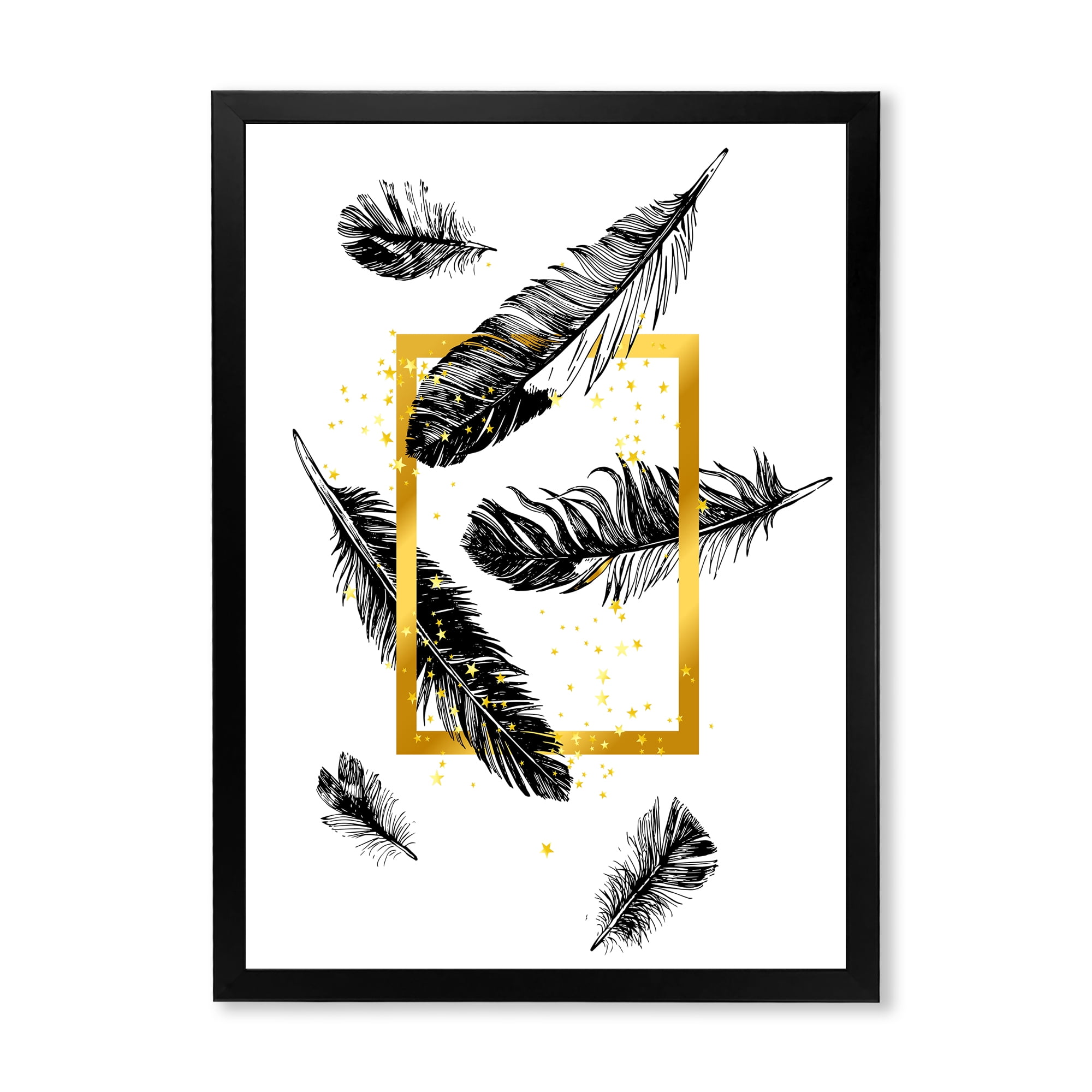 Designart 'Feathers and Golden Frame' Bohemian & Eclectic Framed Art Print