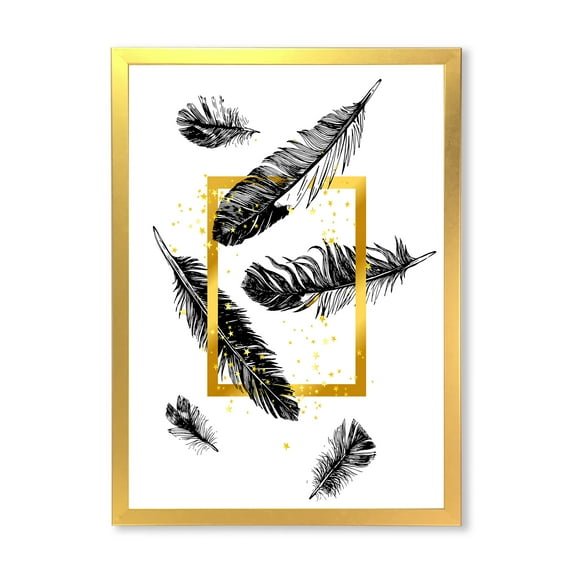 Designart 'Feathers and Golden Frame' Bohemian & Eclectic Framed Art Print