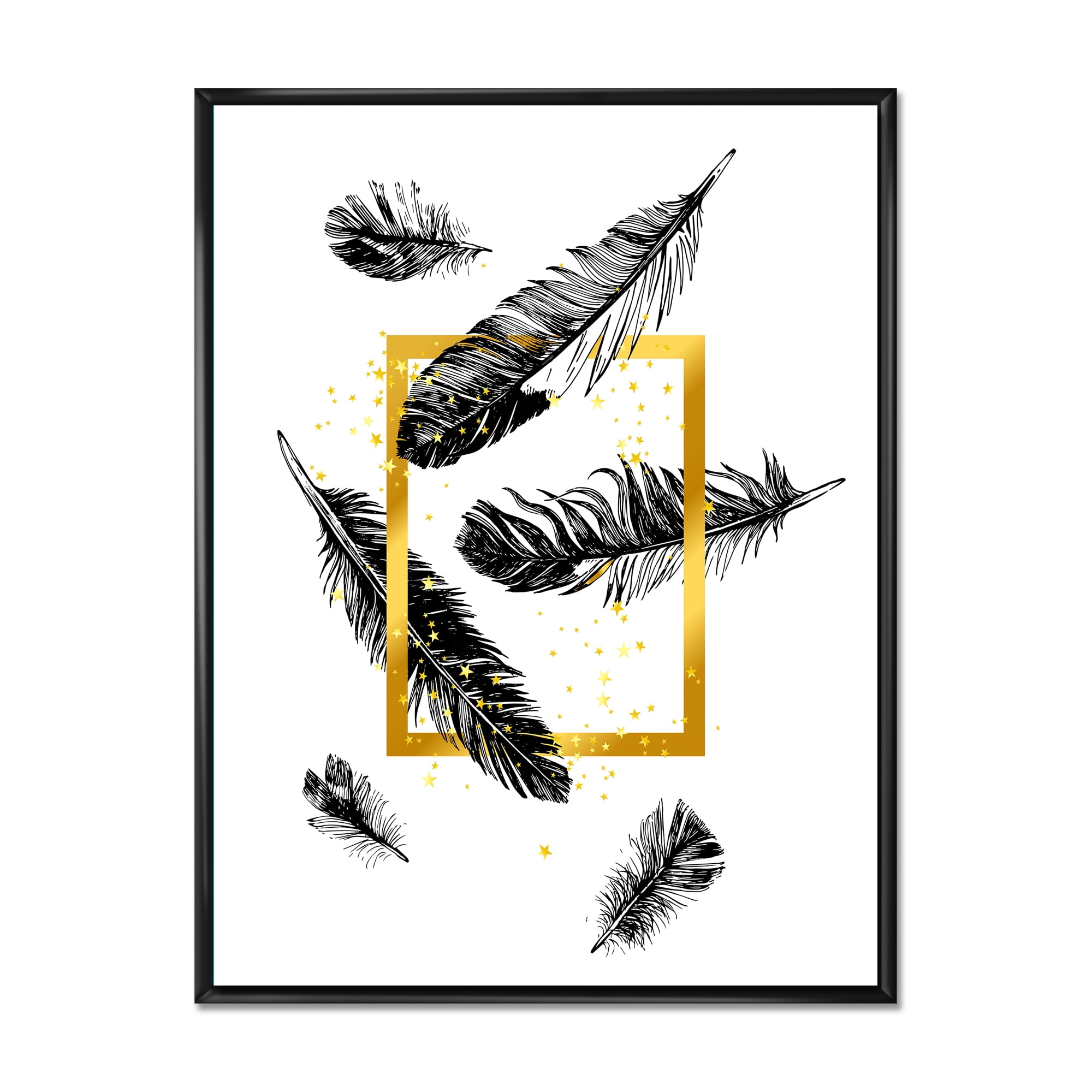 Designart 'Feathers and Golden Frame' Bohemian & Eclectic Framed Canvas Wall Art Print