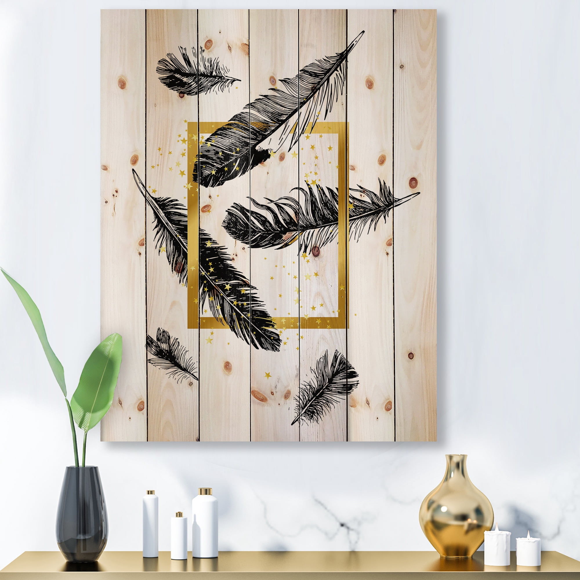 Designart 'Feathers and Golden Frame' Bohemian & Eclectic Print on Natural Pine Wood