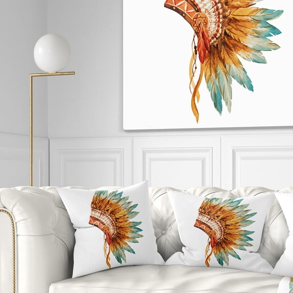 Designart Feathers on Ethnic Skull - Abstract Throw Pillow - 16x16