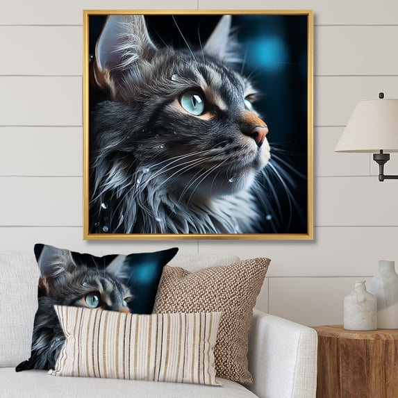 Designart "Feline Azure Gaze Reflection I" Animals Cat Floater Framed Canvas Wall Art