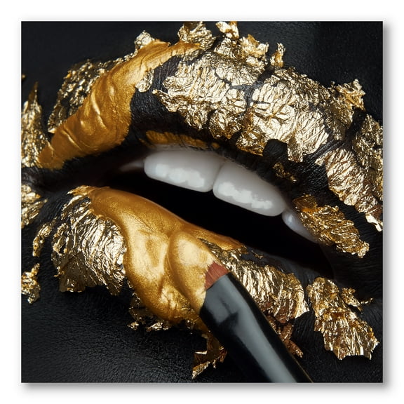 Designart ' Female Lips With Black Leather and Gold Foil ' Modern Canvas Wall Art Print