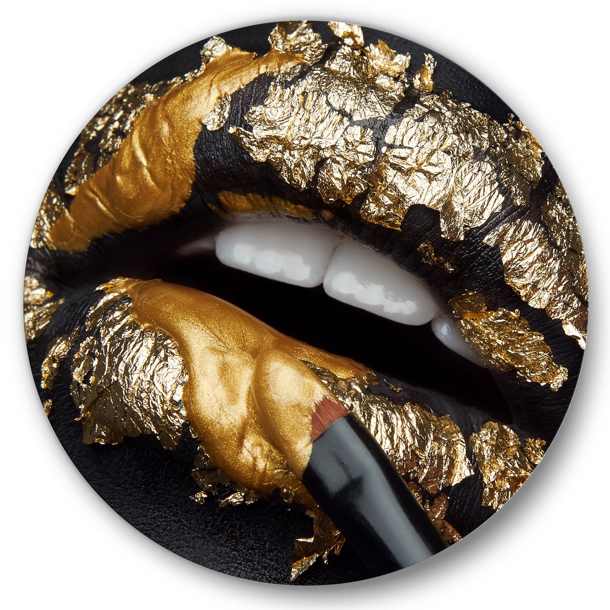 Designart 'Female Lips With Black Leather and Gold Foil' Modern Circle Metal Wall Art 23x23 - Disc of 23