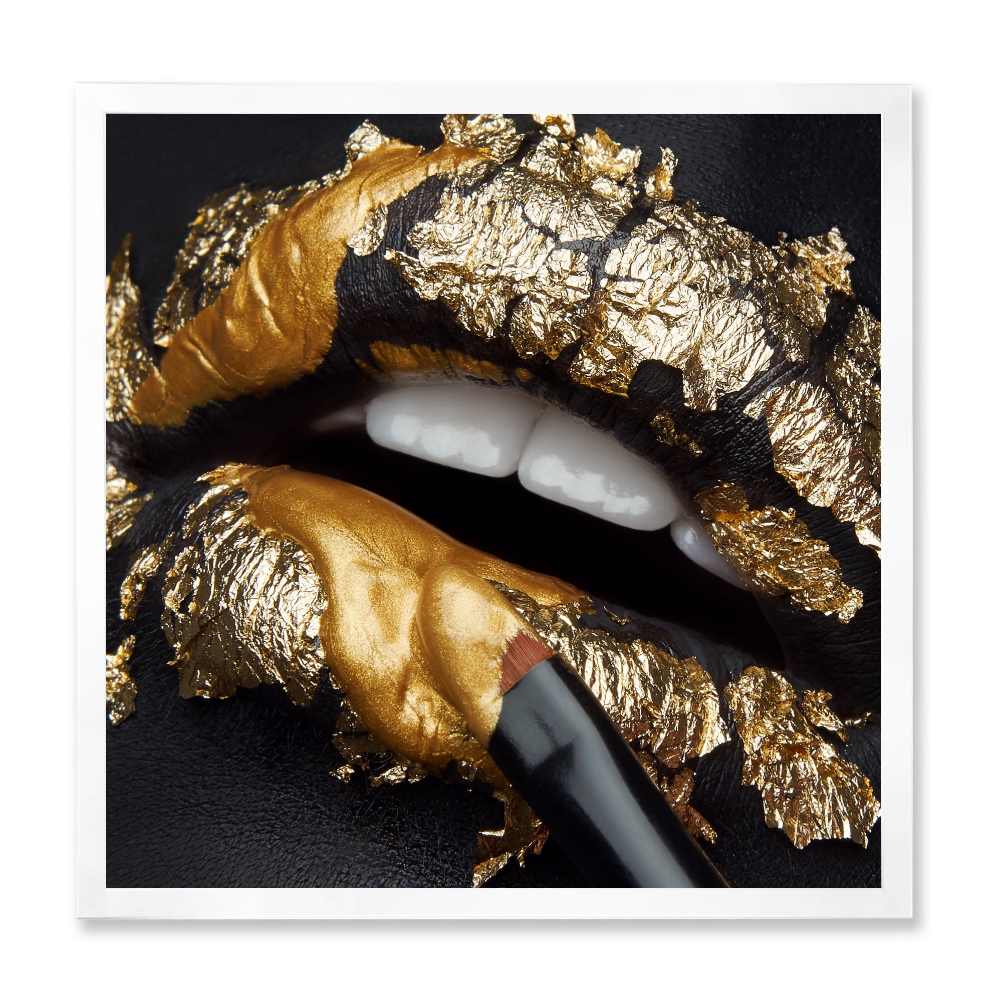 Designart 'Female Lips With Black Leather and Gold Foil' Modern Framed Art Print