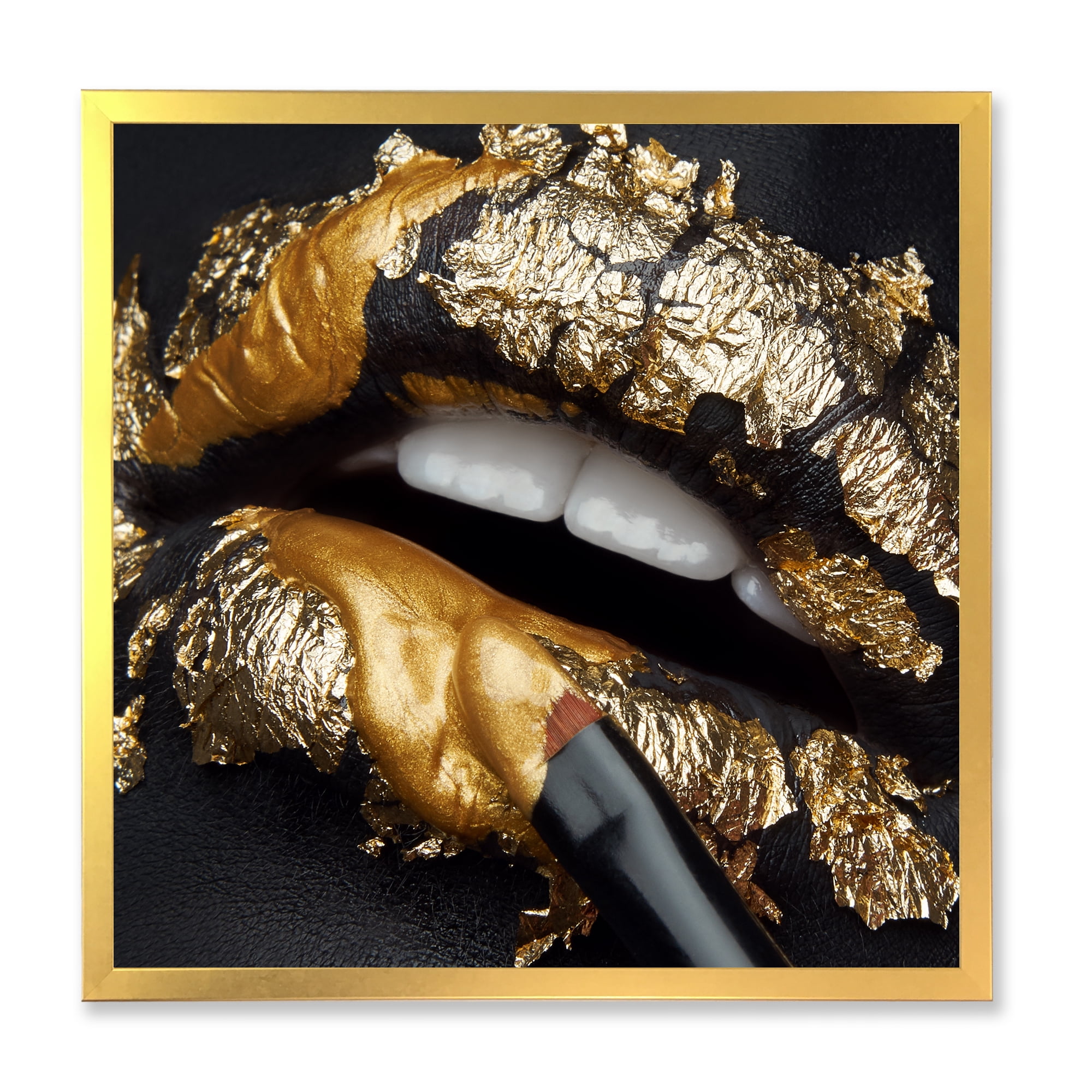 Designart 'Female Lips With Black Leather and Gold Foil' Modern Framed Art Print