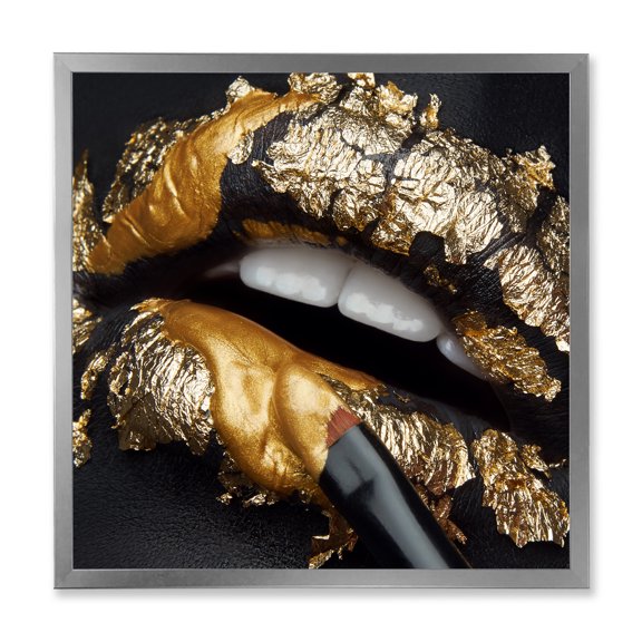 Designart 'Female Lips With Black Leather and Gold Foil' Modern Framed Art Print