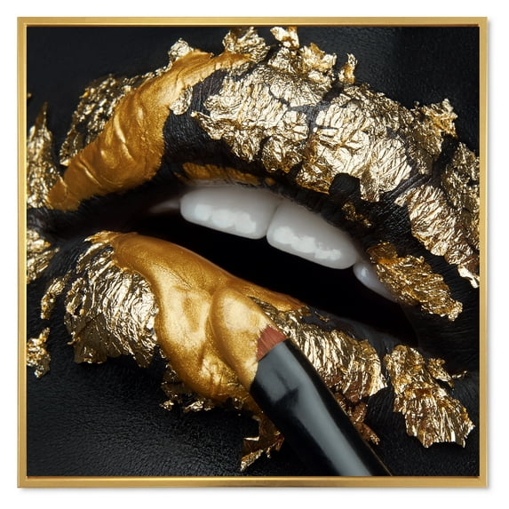 Designart 'Female Lips With Black Leather and Gold Foil' Modern Framed Canvas Wall Art Print