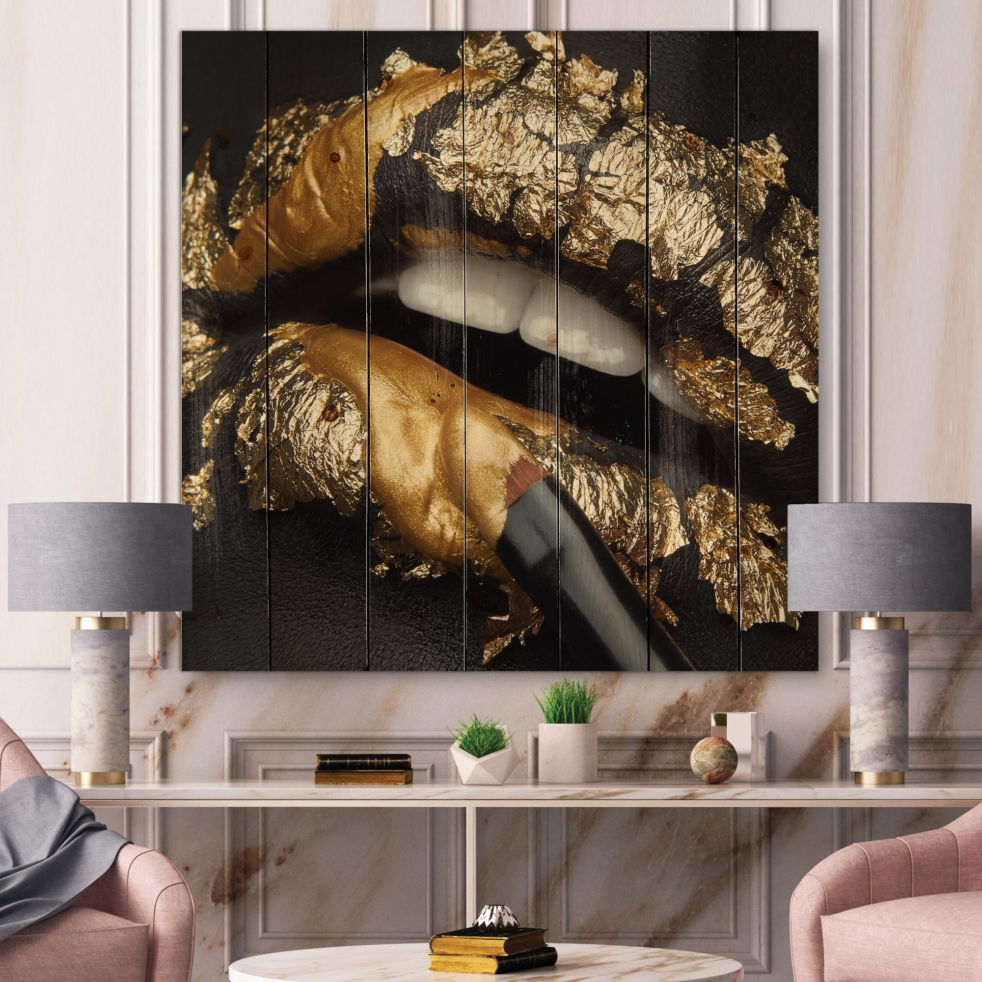 Designart 'Female Lips With Black Leather and Gold Foil' Modern Print on Natural Pine Wood