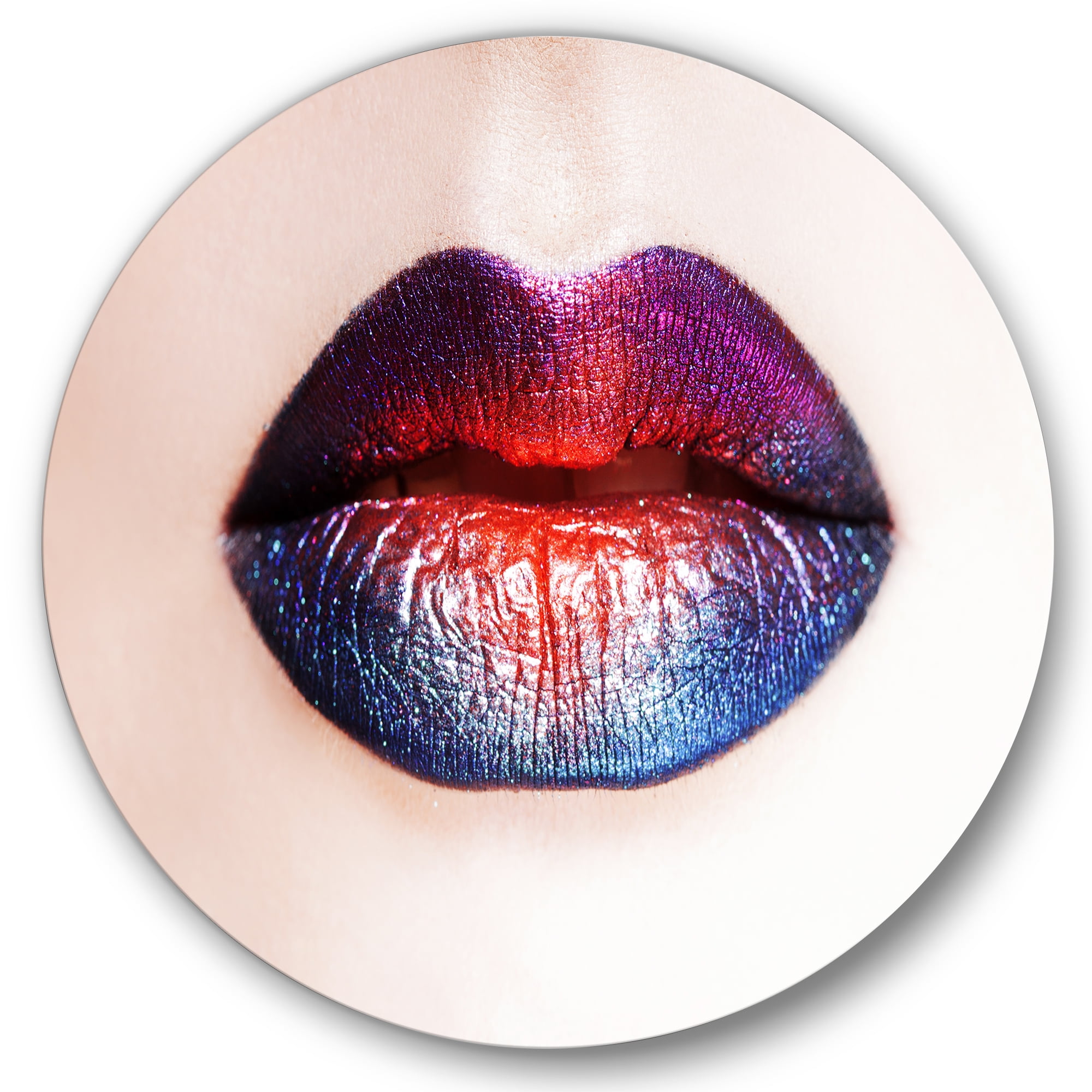 Designart 'Female Lips With Bright Multicolored Lipstick' Modern Circle Metal Wall Art 29x29 - Disc of 29