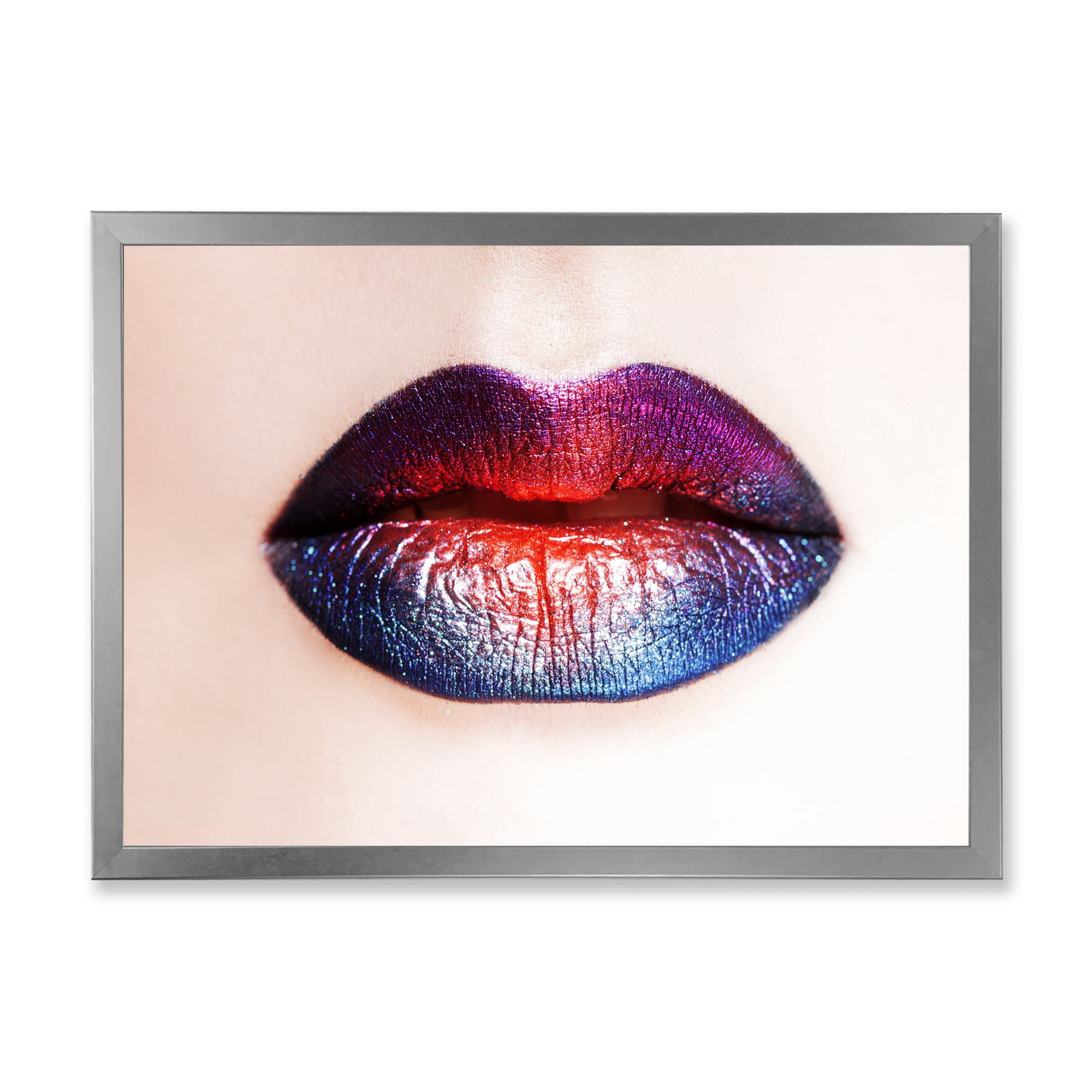 Designart 'Female Lips With Bright Multicolored Lipstick' Modern Framed Art Print