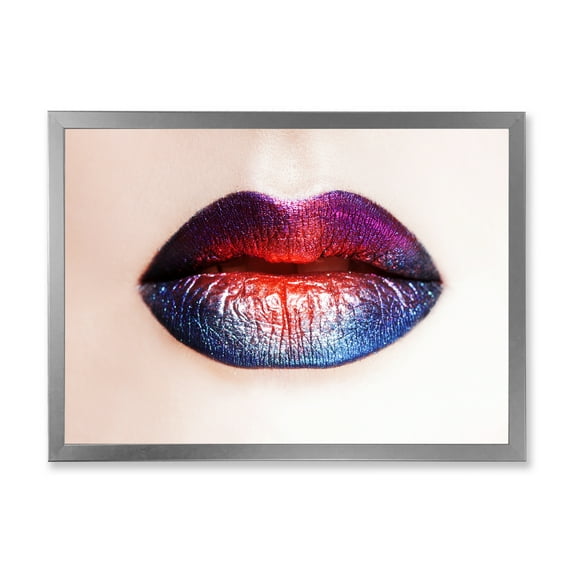 Designart 'Female Lips With Bright Multicolored Lipstick' Modern Framed Art Print