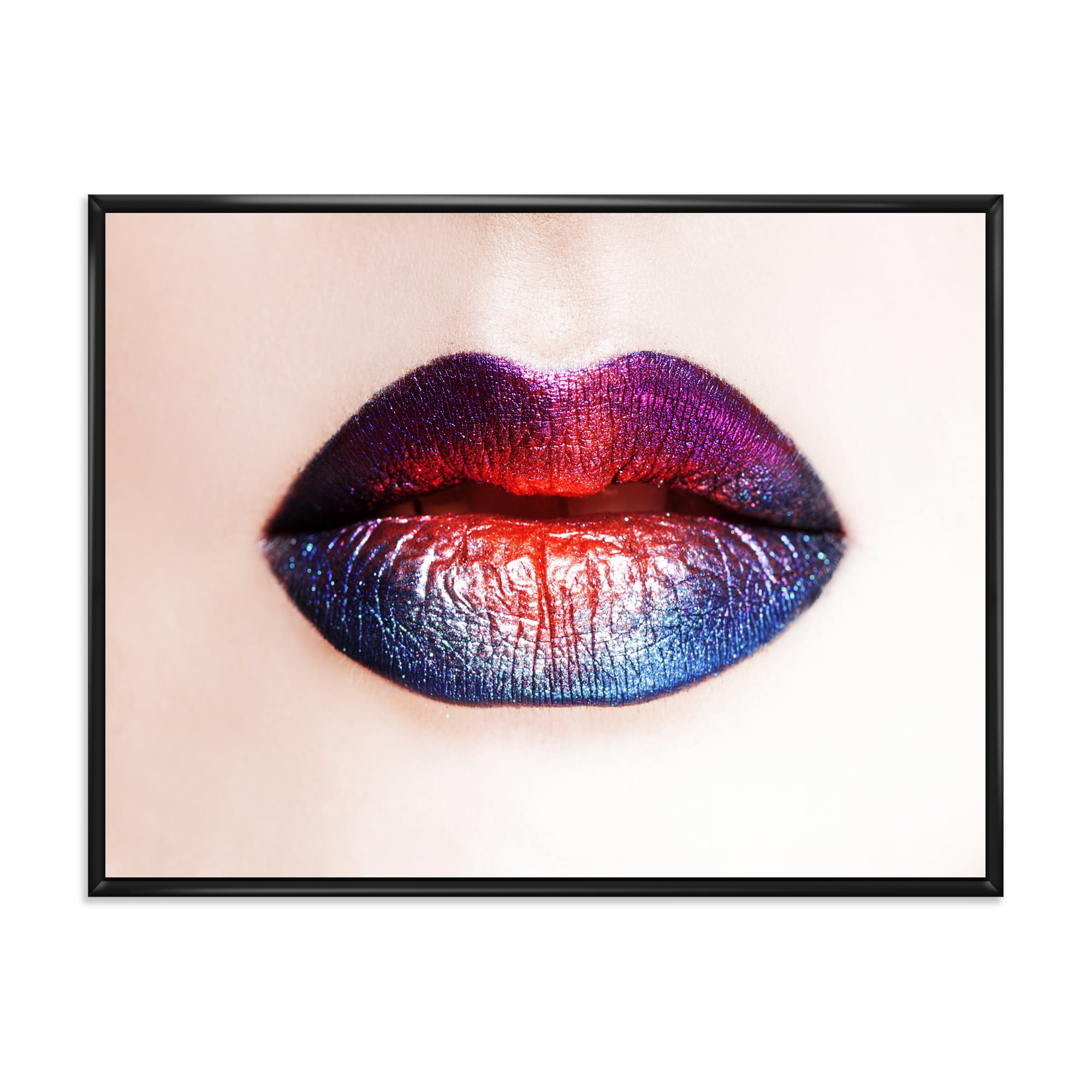 Designart 'Female Lips With Bright Multicolored Lipstick' Modern Framed Canvas Wall Art Print