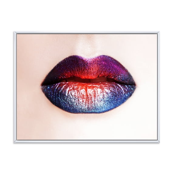 Designart 'Female Lips With Bright Multicolored Lipstick' Modern Framed Canvas Wall Art Print