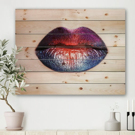 Designart 'Female Lips With Bright Multicolored Lipstick' Modern Print on Natural Pine Wood