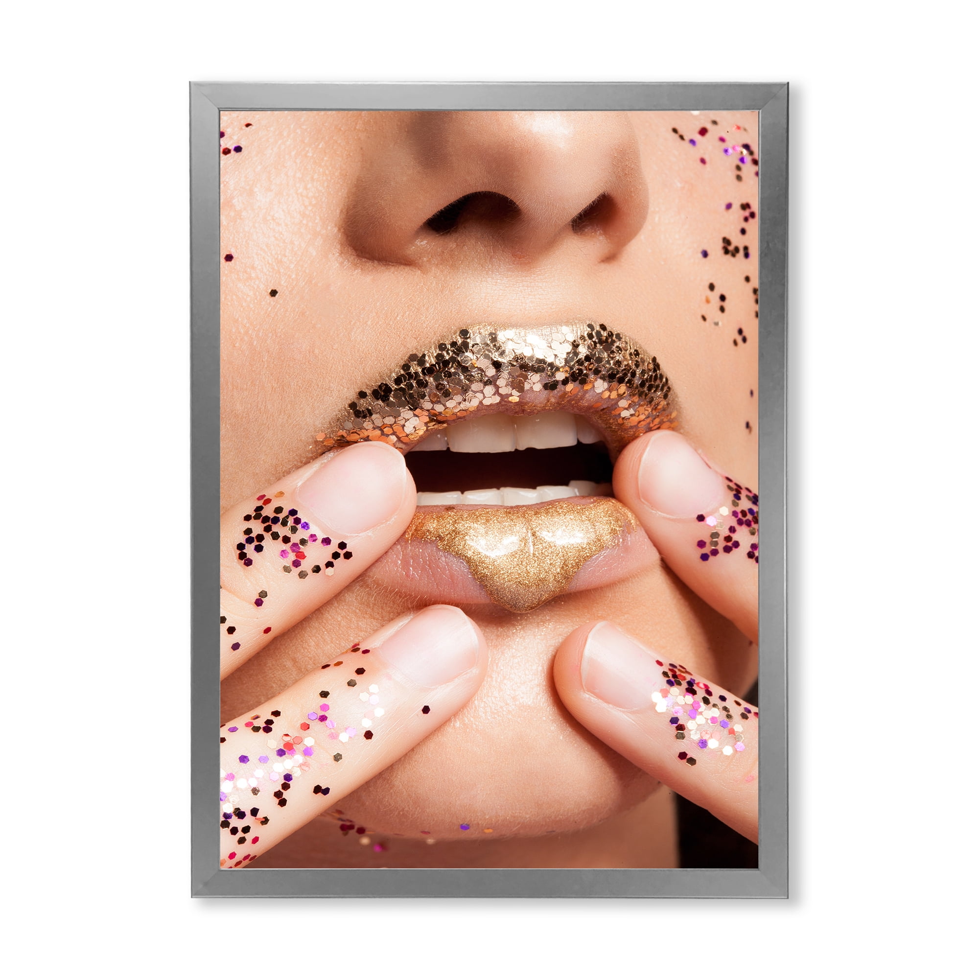 Designart 'Female With Golden Lips and Glitter On Her Hands' Modern Framed Art Print