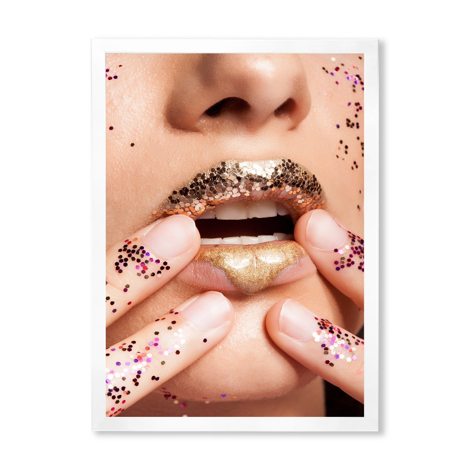 Designart 'Female With Golden Lips and Glitter On Her Hands' Modern Framed Art Print
