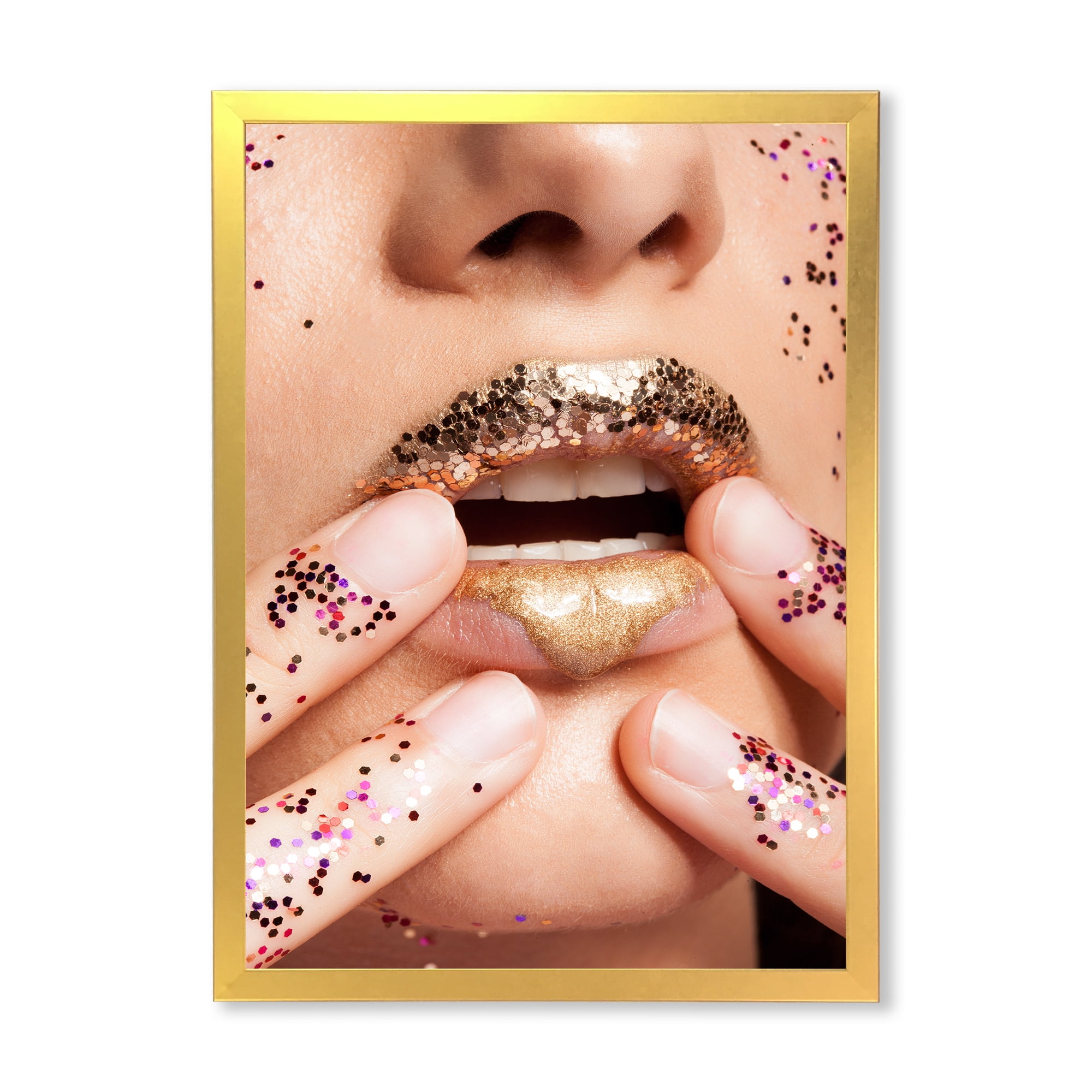 Designart 'Female With Golden Lips and Glitter On Her Hands' Modern Framed Art Print