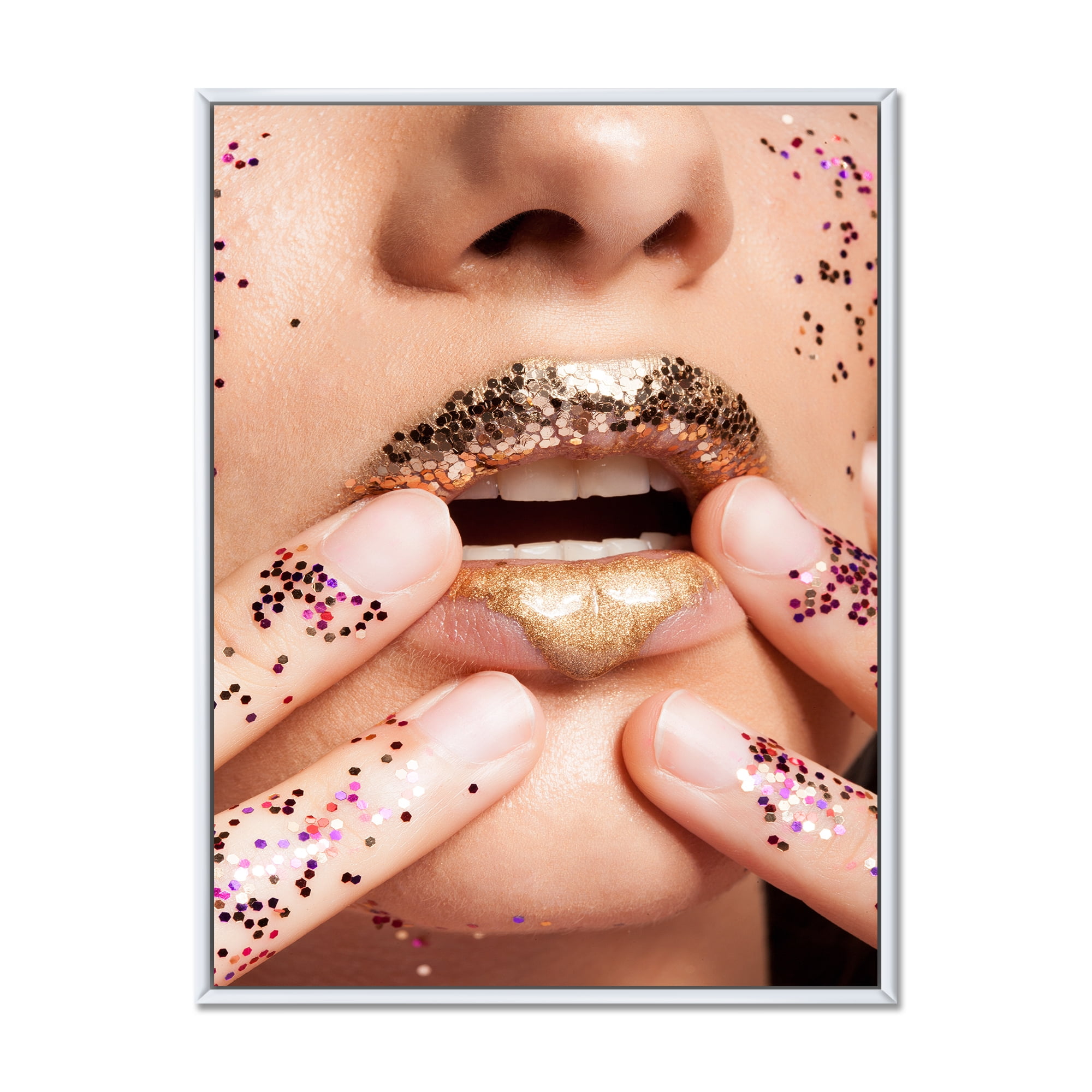 Designart 'Female With Golden Lips and Glitter On Her Hands' Modern Framed Canvas Wall Art Print