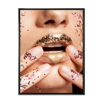 Designart 'Female With Golden Lips and Glitter On Her Hands' Modern Framed Canvas Wall Art Print