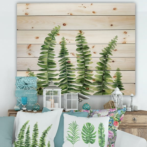 Designart 'Fern Plant Leaves Detail II' Farmhouse Print on Natural Pine Wood