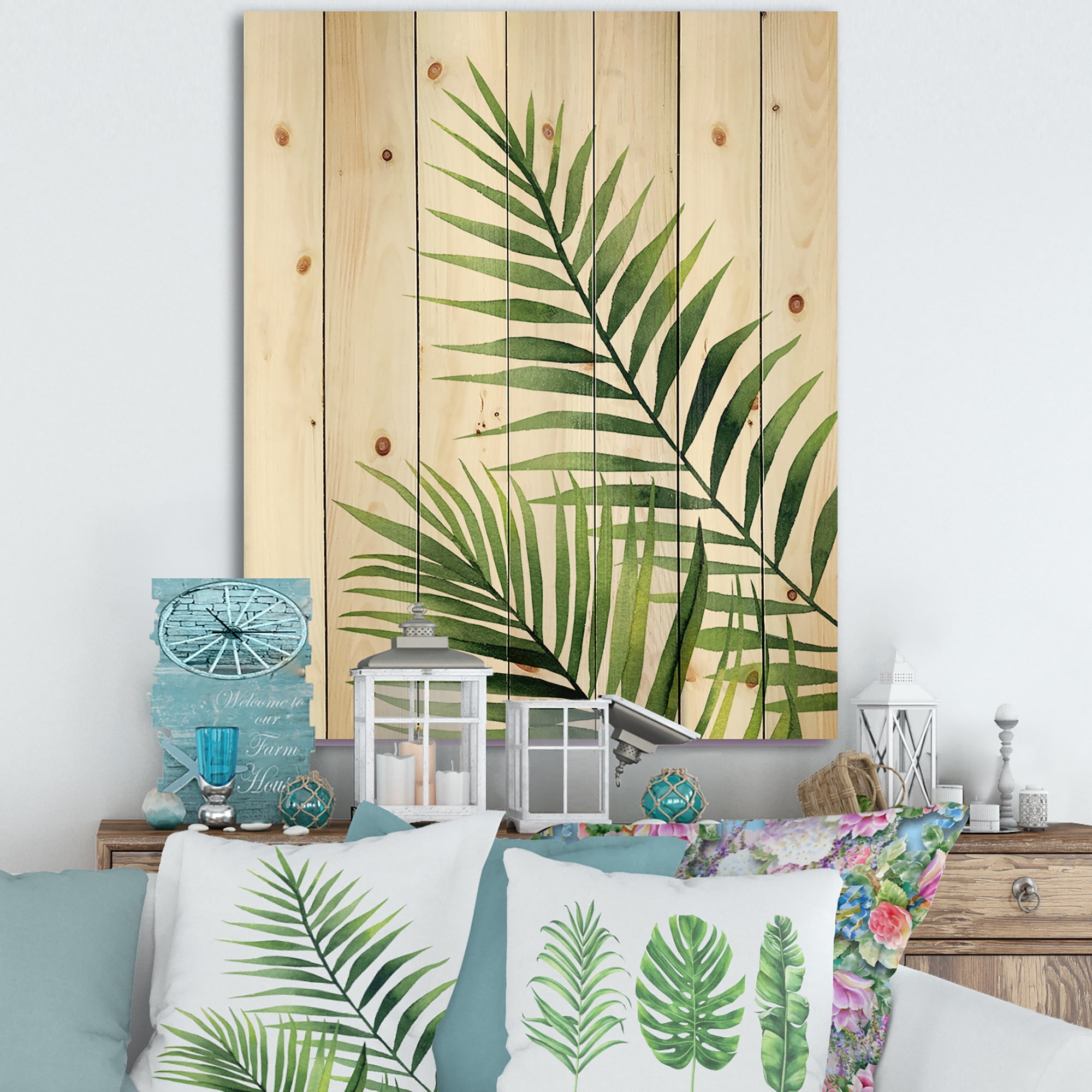 Natural Pine Wood Vertical Wall Art with Green Fern Leaves