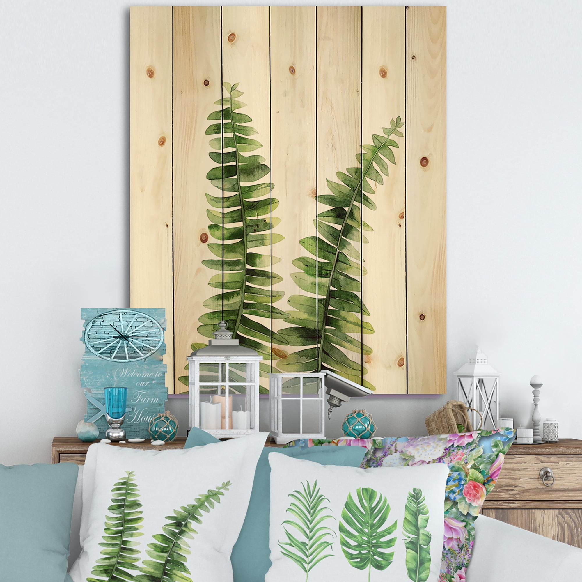 Designart 'Fern Plant Leaves Detail V' Tropical Print on Natural Pine Wood
