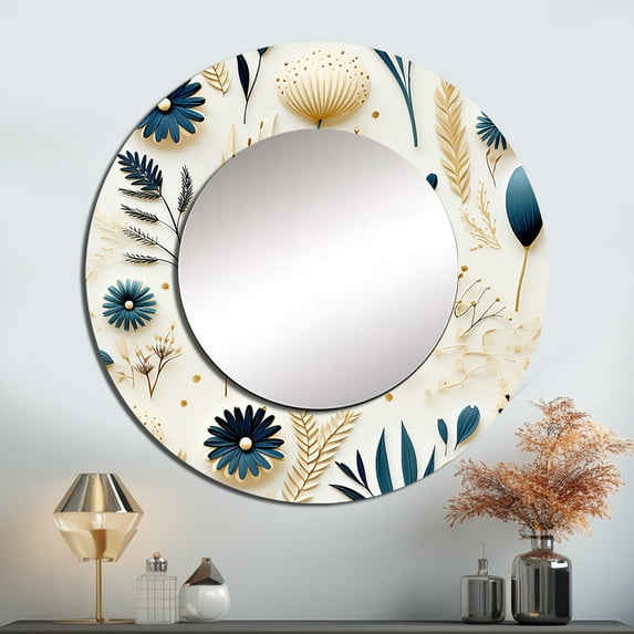 Designart "Fern Tranquility II" Fern Rund Mirror For Wall Decor - Large Blue Round Printed Mirror -Cottage Round Living Room Mirror - 36" x 36"