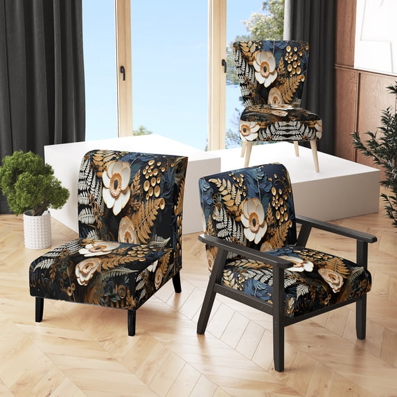 Designart "Ferns Copper gracefulness I" Gold Ferns Upholstered Accent Chair - Modern Arm Chair For Bedroom
