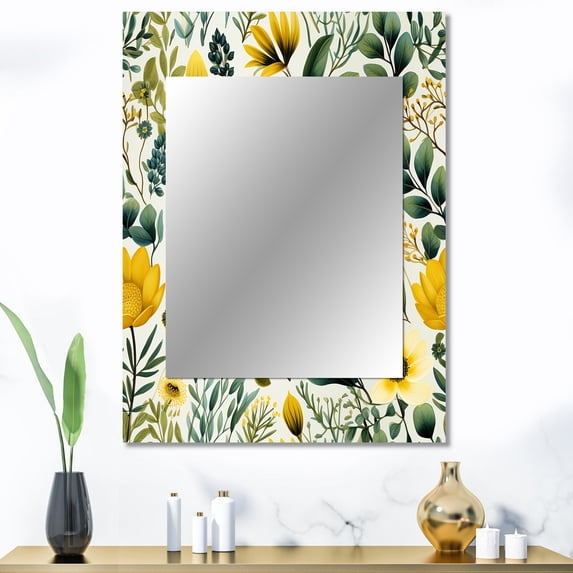 Designart "Ferns In Lush Green And Yellow" Floral Wall Mirror, Printed Green Wall Mirror, Traditional Bathroom Wall Mirror, Decorative Floral Mirror - 30x40 Inch