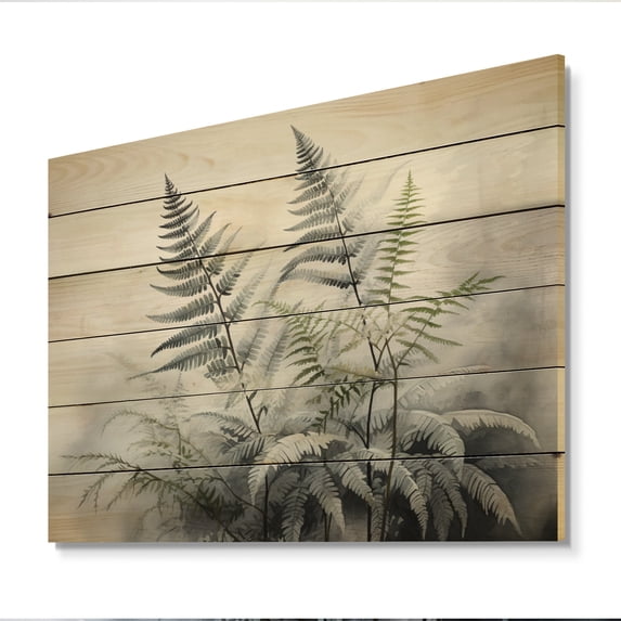 Designart "Ferns Silver III" Floral Print on Natural Pine Wood