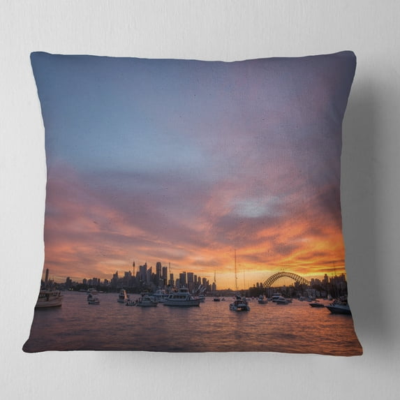 Designart Ferry in Sydney Harbor at Sunset - Landscape Printed Throw Pillow - 16x16