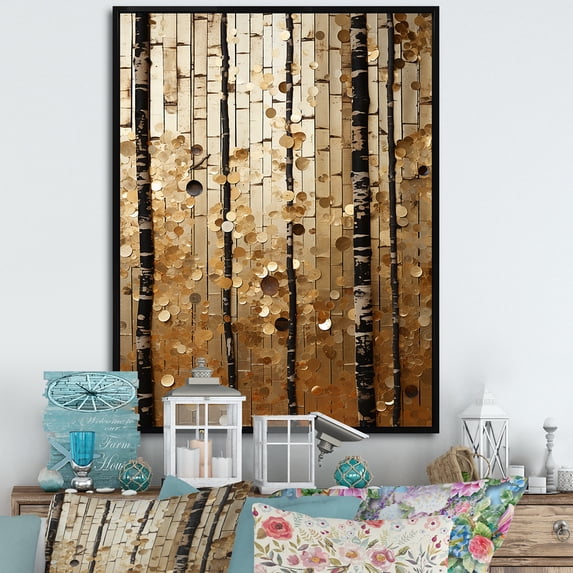 Designart "Festive Botanical Abstractions" Abstract Framed Wall Art - Modern Gold Abstract Botanicals Living Room Framed Canvas Art