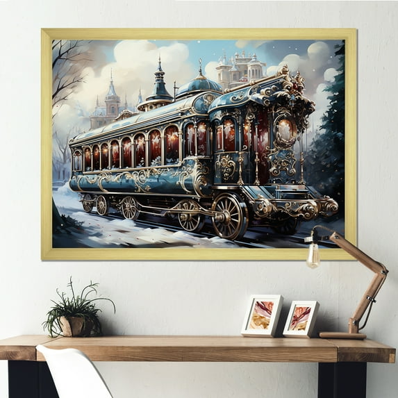 Designart "Festive Journey Christmas Train Ride I" Performing Arts Framed Wall Art Decor - Modern Farmhouse Gold Transportation Train Hallway Framed Wall Art Decor