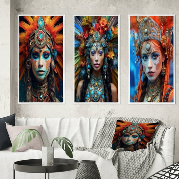 Designart "Festive Slavic Spiritual Portraits V" Boho Woman Framed Wall Art Set Of 3 - Red Woman Boho Frame Canvas Set For Living Room Decor