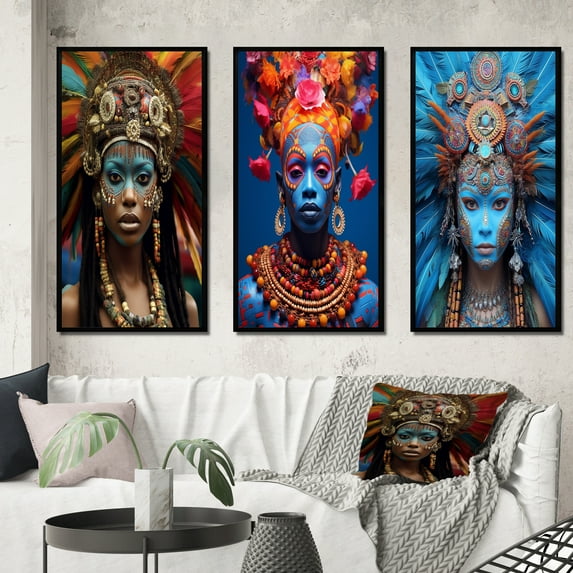 Designart "Festive Slavic Spiritual Portraits VIII" Boho Woman Framed Wall Art Set Of 3 - Red Woman Boho Frame Gallery Set For Office Decor