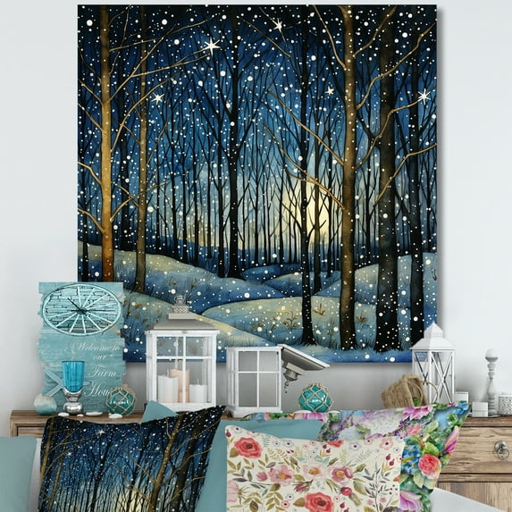 Designart "Festive Winter Woodscape under Starry Night" Food & Beverage Wall Art - Traditional Blue Fruits Hallway Wall Art Decor
