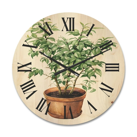 Designart 'Ficus Benjamina Plant In Clay Flowerpot' Traditional Wood Wall Clock