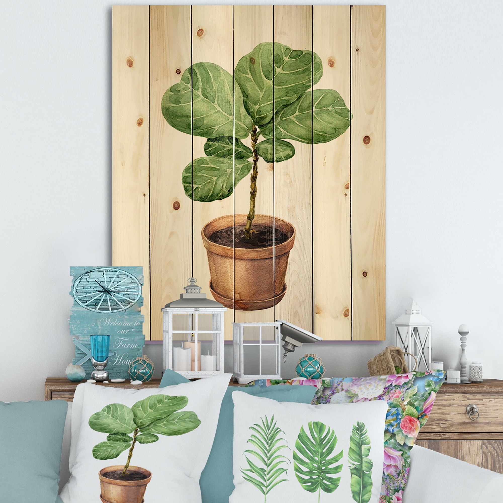 Designart 'Ficus Lyre Plant In Clay Flowerpot' Traditional Print on Natural Pine Wood